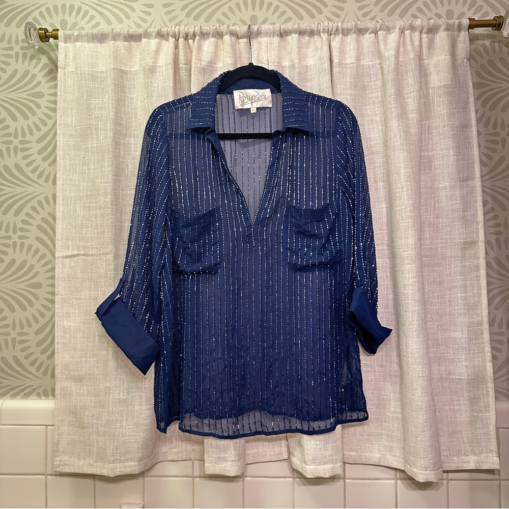 Rory Beca Deep Navy Sheer Embellished Blouse L